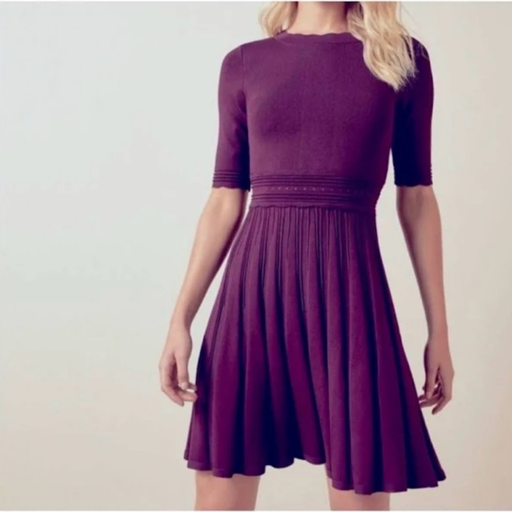 Ted Baker “Dorlean” Ribbed Knit Pleated Dress – Deep Plum / Purple 0